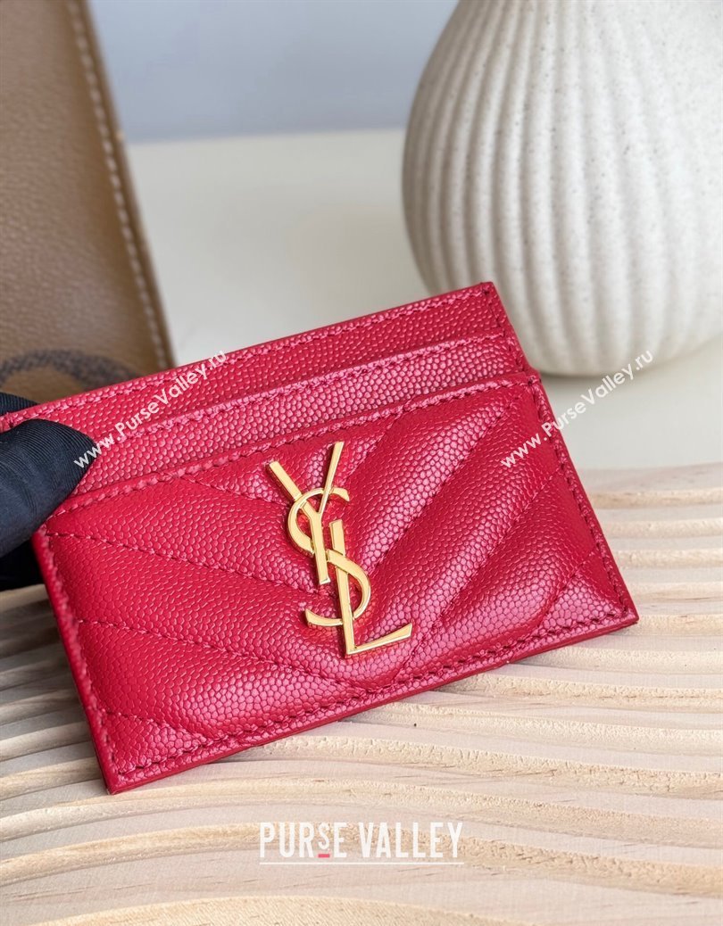 Saint Laurent Matelasse Card Case in Grianed Leather Bright Red 2024 423291 (YY-241218134)