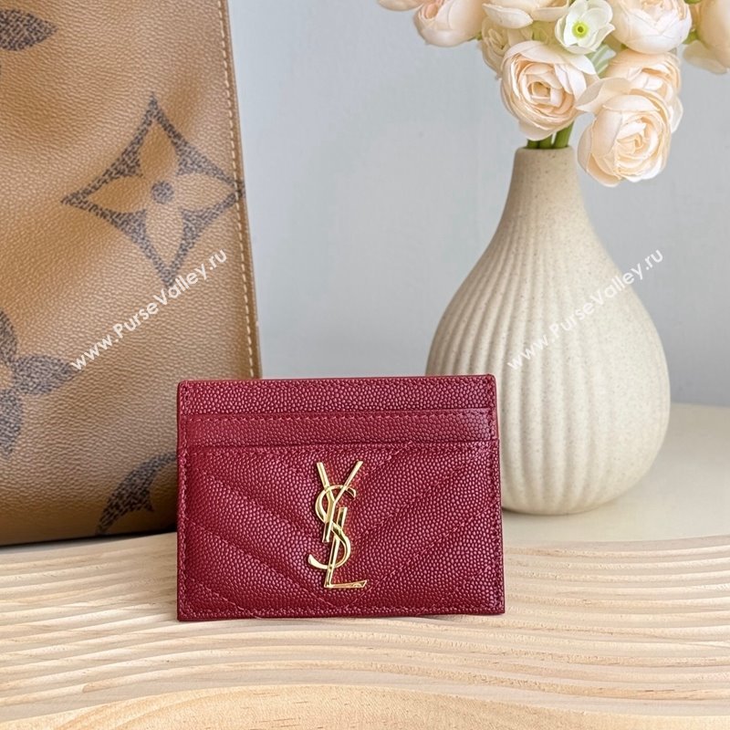 Saint Laurent Matelasse Card Case in Grianed Leather Burgundy 2024 423291 (YY-241218136)