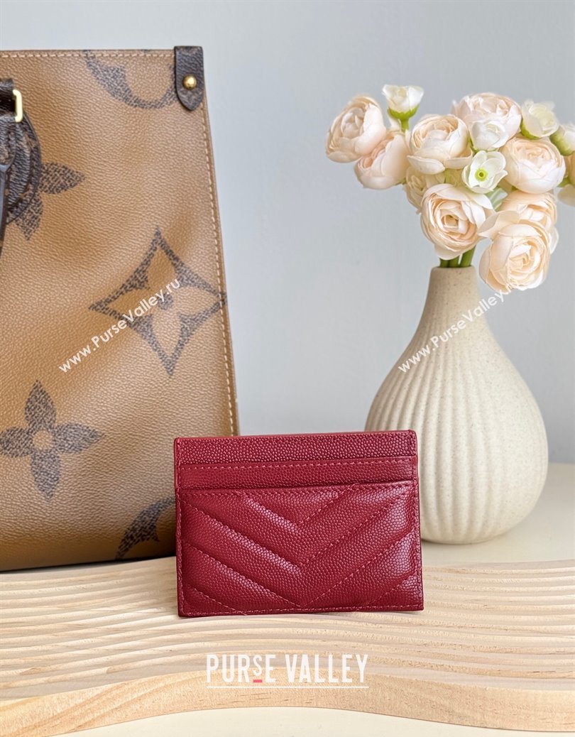 Saint Laurent Matelasse Card Case in Grianed Leather Burgundy 2024 423291 (YY-241218136)