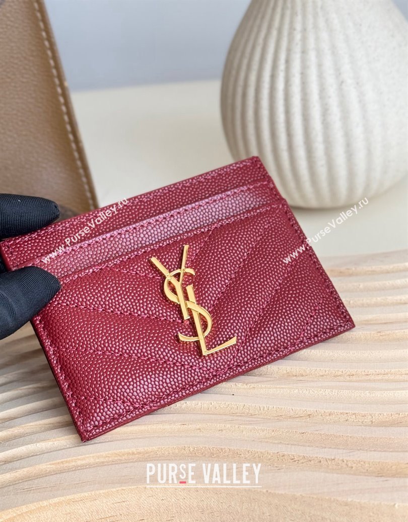 Saint Laurent Matelasse Card Case in Grianed Leather Burgundy 2024 423291 (YY-241218136)