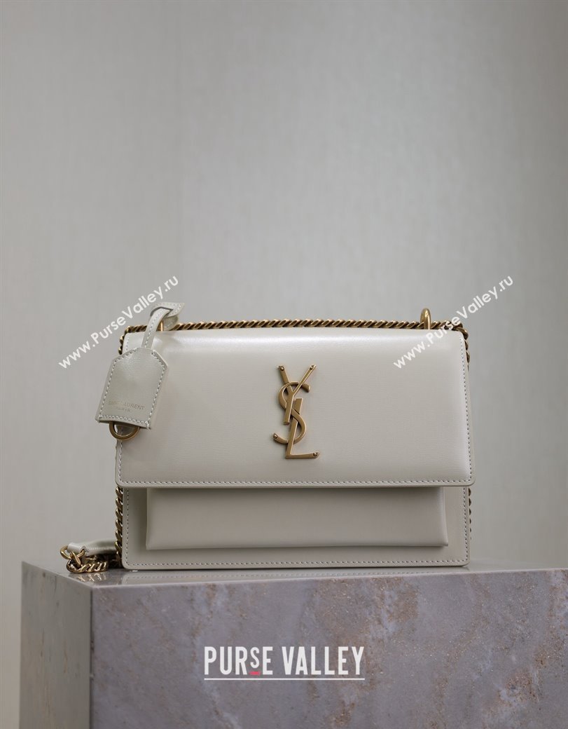 Saint Laurent Sunset Medium Bag in Box Leather 442906 White/Gold 2024 (YY-241217116)