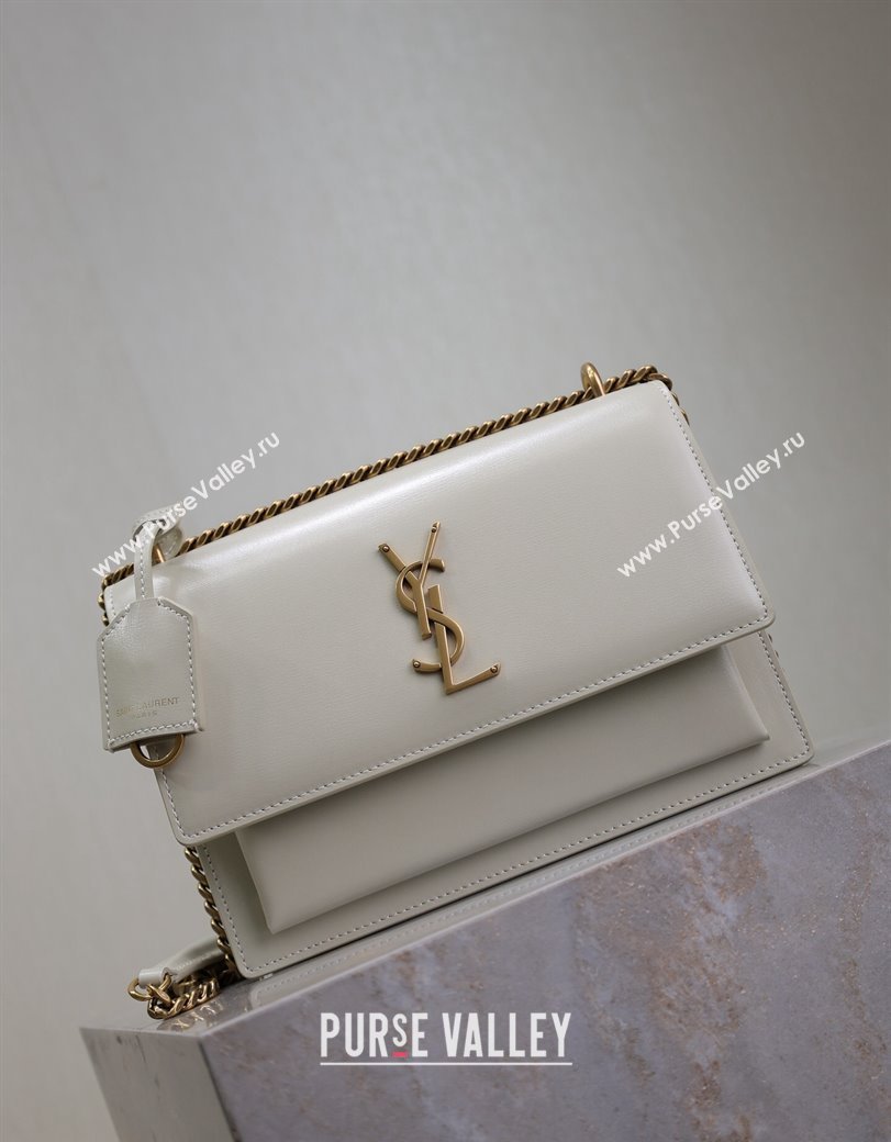 Saint Laurent Sunset Medium Bag in Box Leather 442906 White/Gold 2024 (YY-241217116)