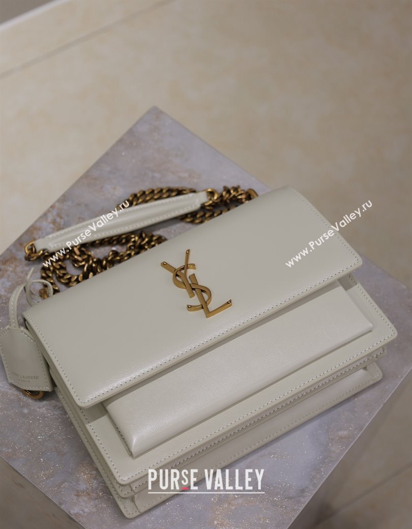 Saint Laurent Sunset Medium Bag in Box Leather 442906 White/Gold 2024 (YY-241217116)