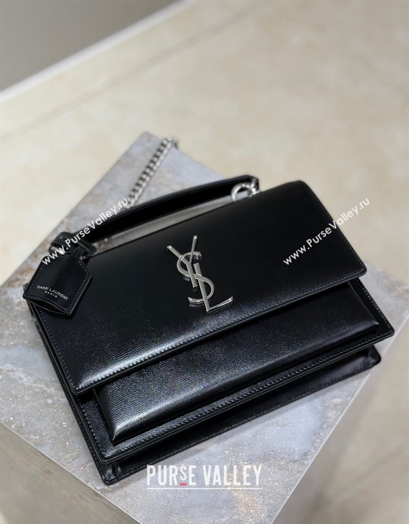 Saint Laurent Medium Sunset Top Handle Bag in Smooth Leather 634723 Black/Silver 2024 (YY-241218003)