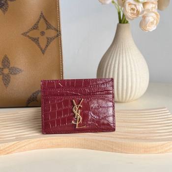 Saint Laurent Crocodile Embossed Leather Card Holder 423291 Burgundy 2024 (YY-241218049)