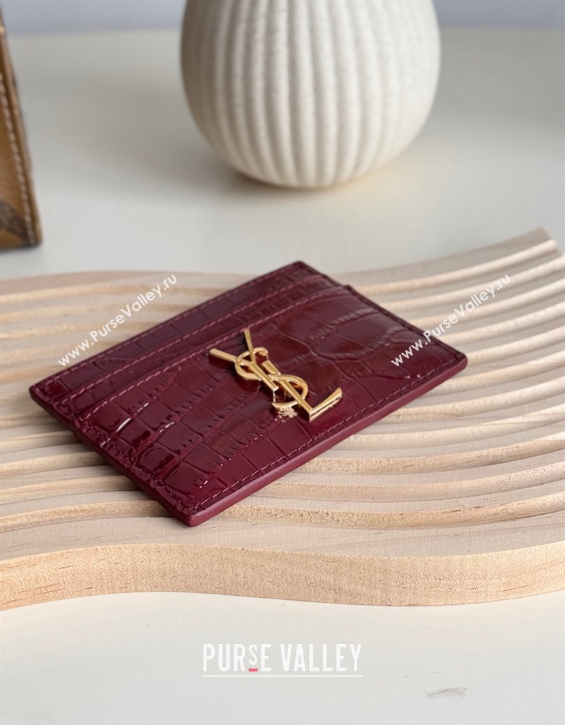 Saint Laurent Crocodile Embossed Leather Card Holder 423291 Burgundy 2024 (YY-241218049)