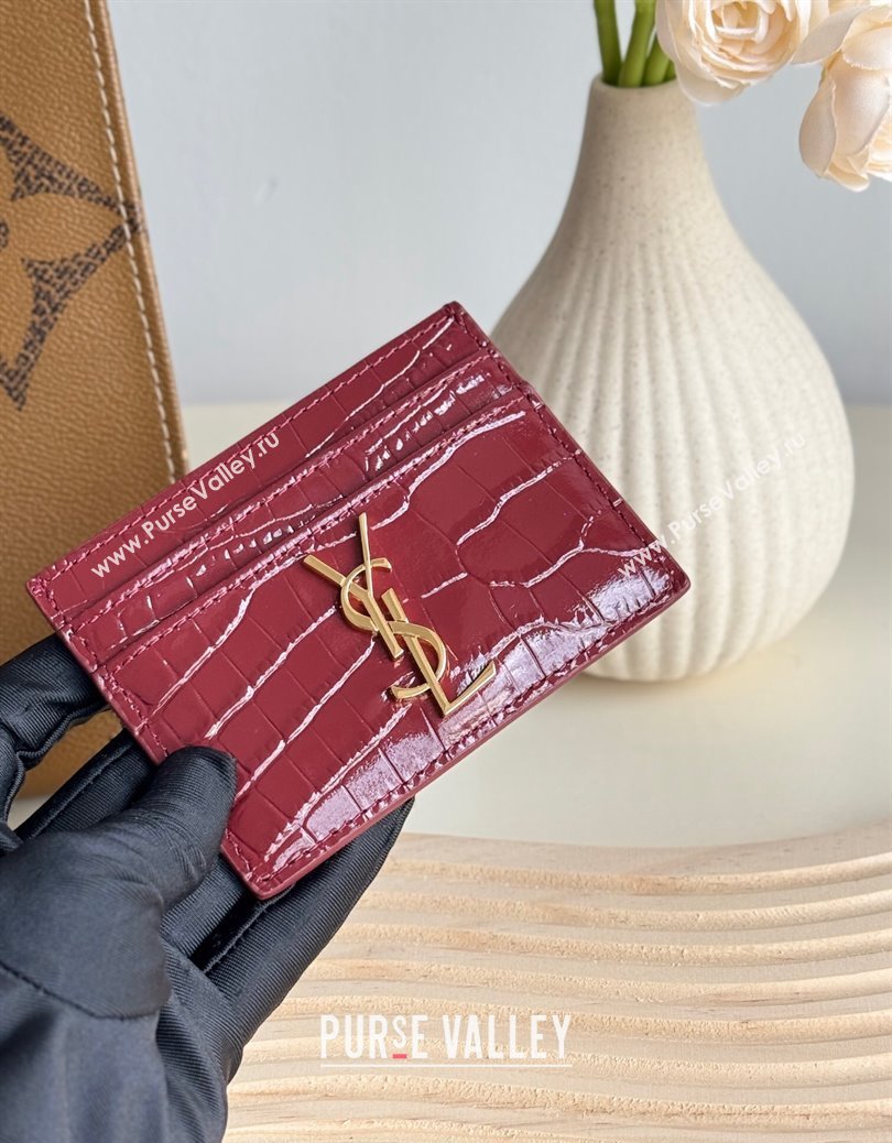 Saint Laurent Crocodile Embossed Leather Card Holder 423291 Burgundy 2024 (YY-241218049)