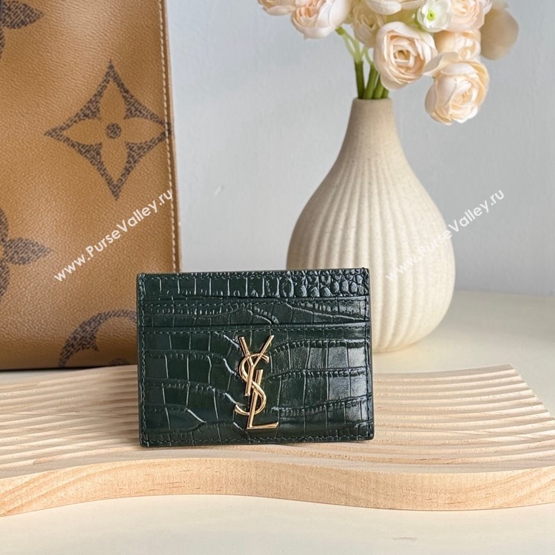 Saint Laurent Crocodile Embossed Leather Card Holder 423291 Green 2024 (YY-241218051)