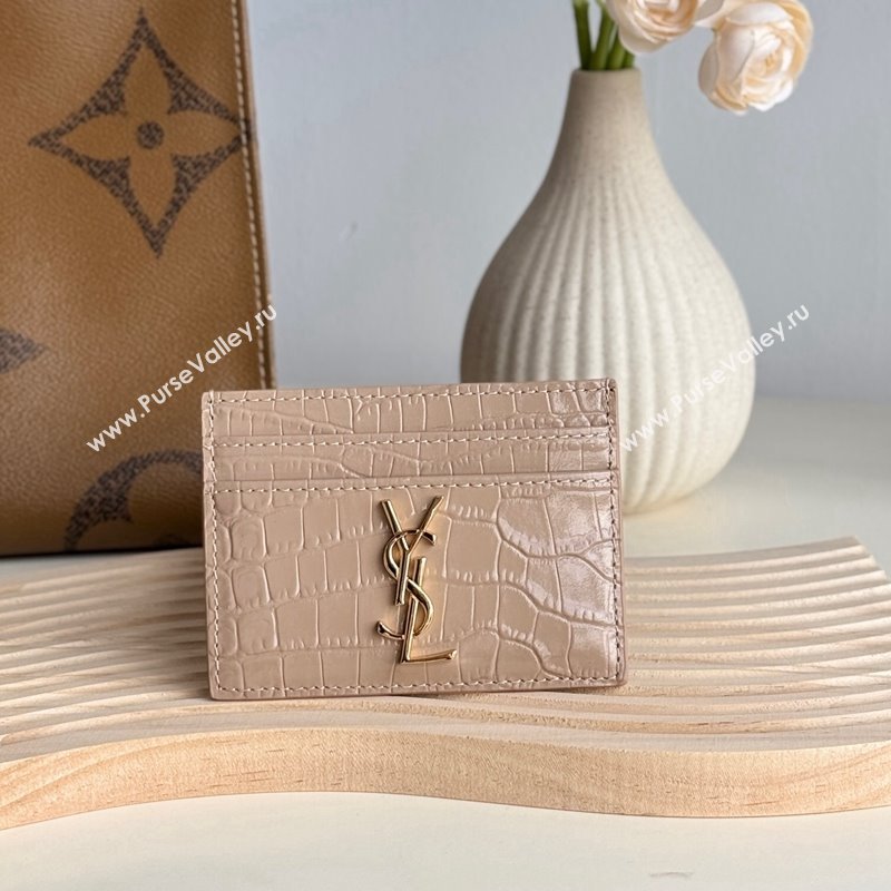 Saint Laurent Crocodile Embossed Leather Card Holder 423291 Nude Pink 2024 (YY-241218052)