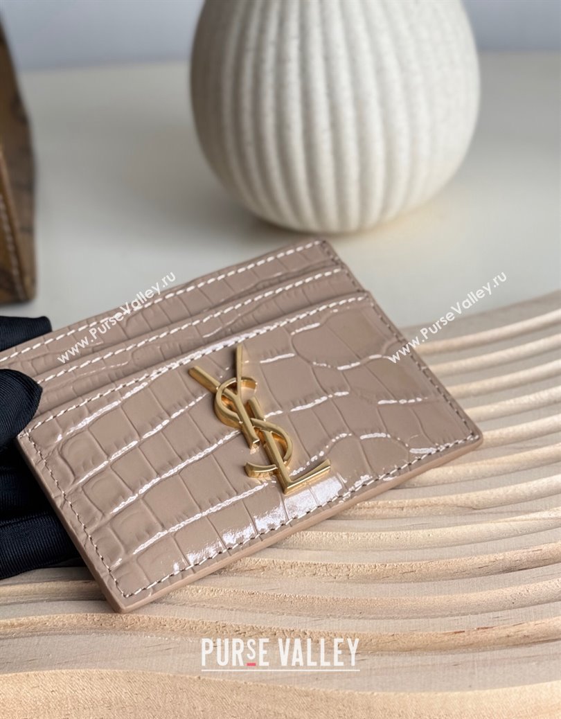 Saint Laurent Crocodile Embossed Leather Card Holder 423291 Nude Pink 2024 (YY-241218052)