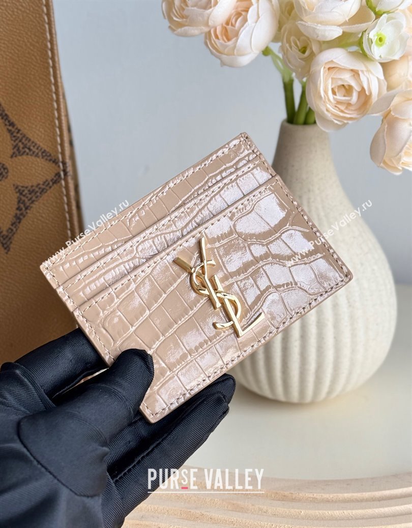 Saint Laurent Crocodile Embossed Leather Card Holder 423291 Nude Pink 2024 (YY-241218052)