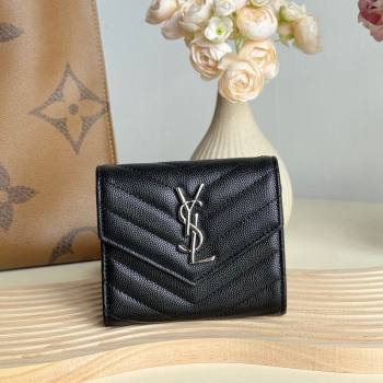 Saint Laurent Cassandre Matelasse Compact Tri Fold Wallet in Grained Calfskin 403943 Black/Silver 2024 (YY-241218055)