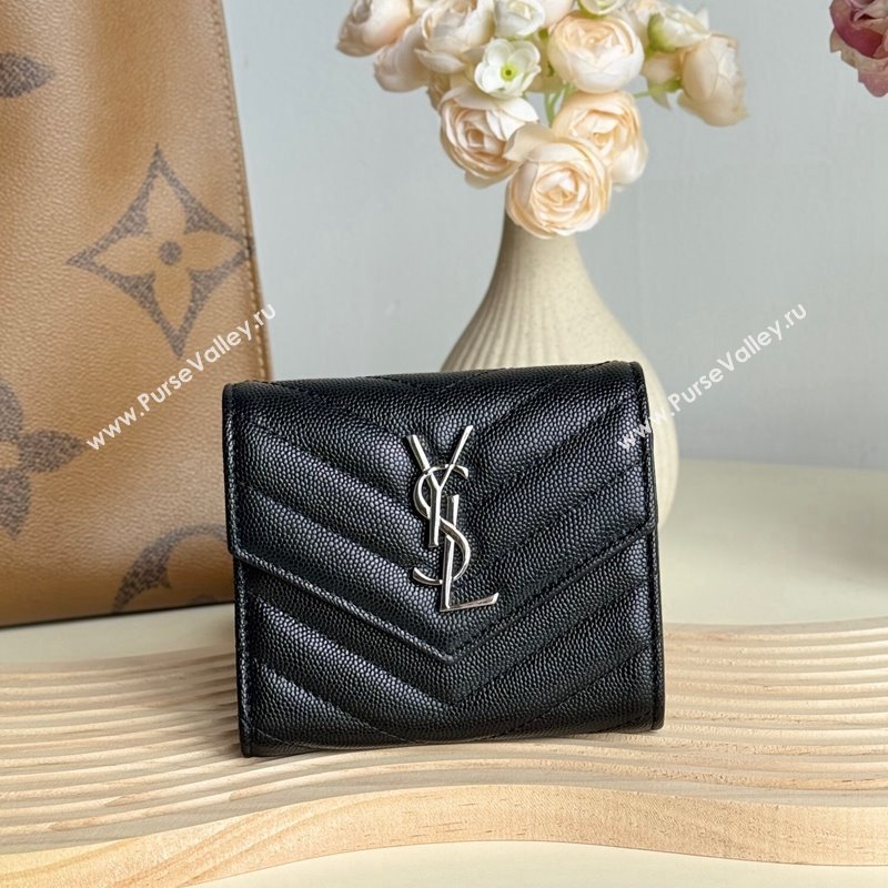 Saint Laurent Cassandre Matelasse Compact Tri Fold Wallet in Grained Calfskin 403943 Black/Silver 2024 (YY-241218055)