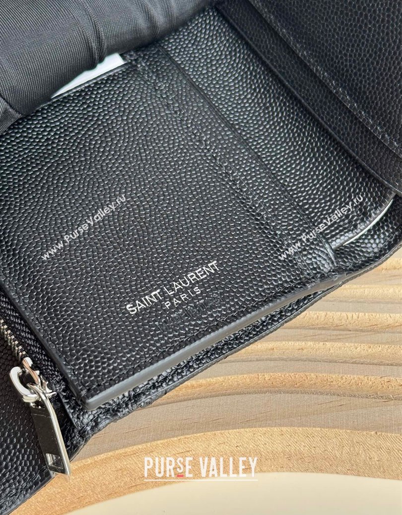 Saint Laurent Cassandre Matelasse Compact Tri Fold Wallet in Grained Calfskin 403943 Black/Silver 2024 (YY-241218055)