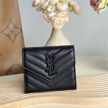 Saint Laurent Cassandre Matelasse Compact Tri Fold Wallet in Grained Calfskin 403943 All Black 2024 (YY-241218056)