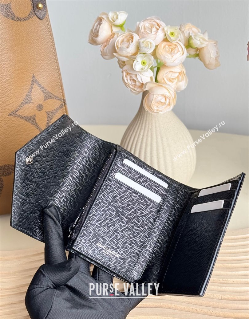 Saint Laurent Cassandre Matelasse Compact Tri Fold Wallet in Grained Calfskin 403943 All Black 2024 (YY-241218056)