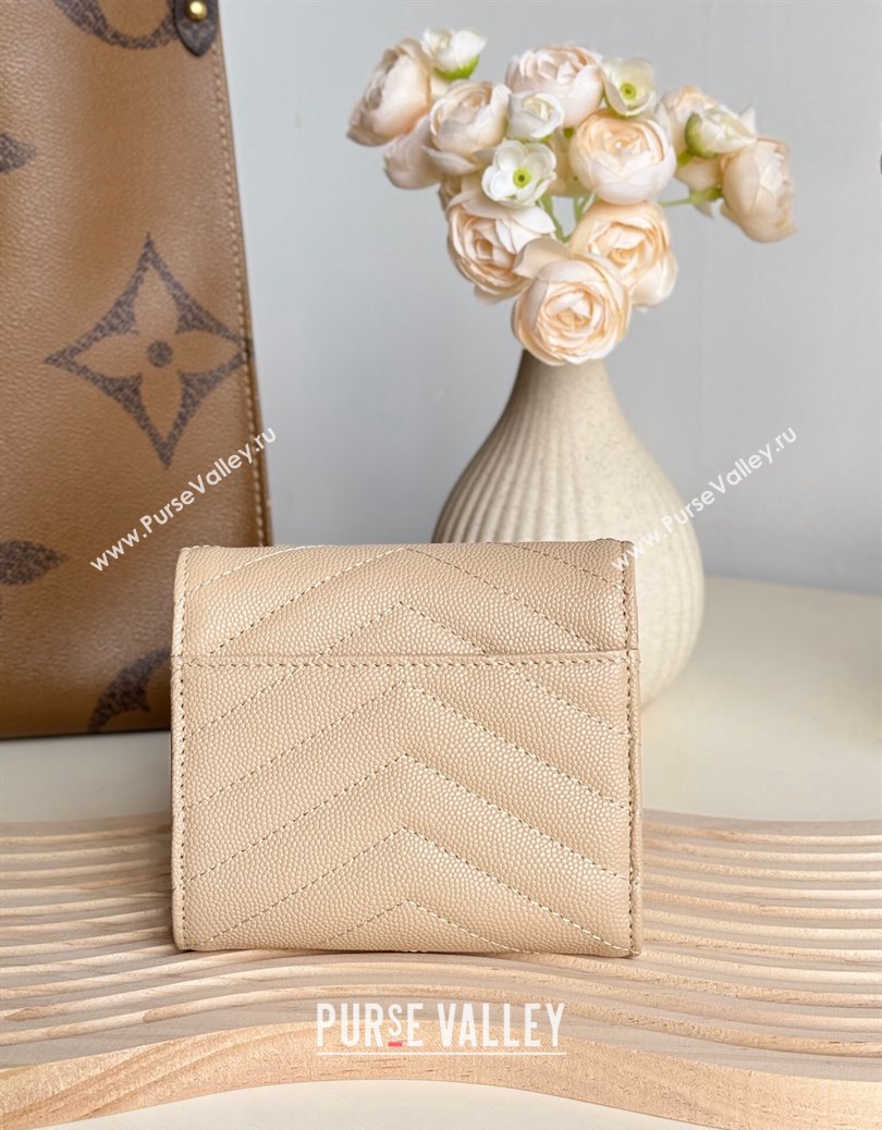 Saint Laurent Cassandre Matelasse Compact Tri Fold Wallet in Grained Calfskin 403943 Beige 2024 (YY-241218057)