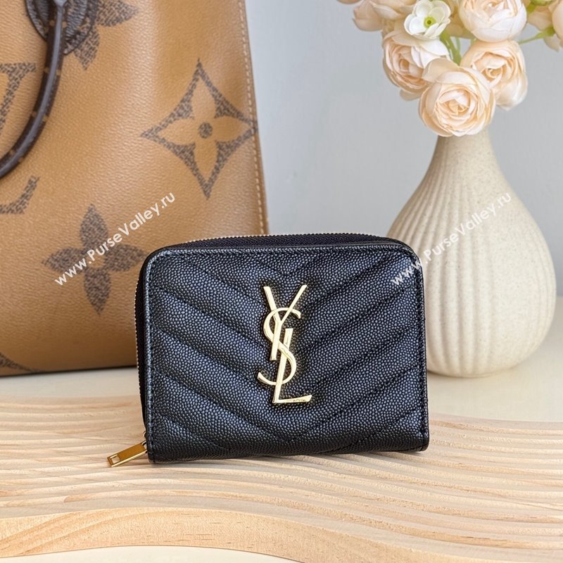 Saint Laurent Cassandre Matelasse Compact Zip Around Wallet in Grained Calfskin 403723 Black/Gold 2024 (YY-241218066)