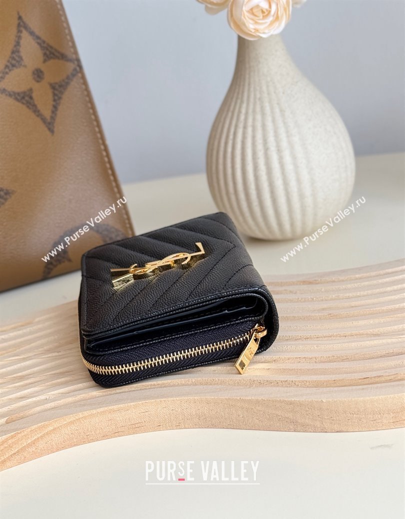 Saint Laurent Cassandre Matelasse Compact Zip Around Wallet in Grained Calfskin 403723 Black/Gold 2024 (YY-241218066)