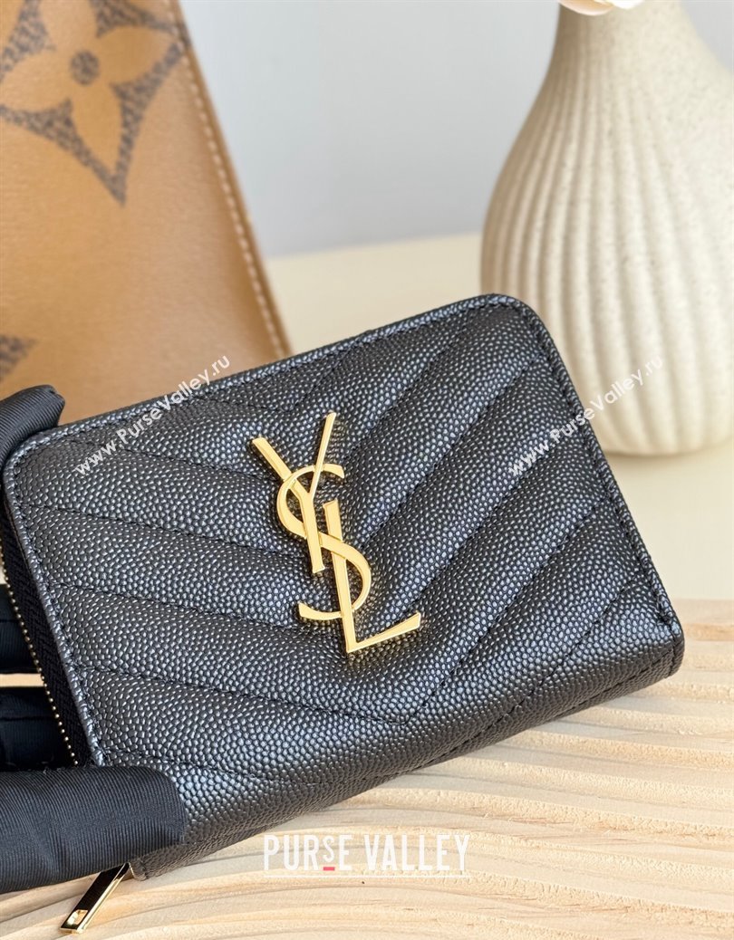 Saint Laurent Cassandre Matelasse Compact Zip Around Wallet in Grained Calfskin 403723 Black/Gold 2024 (YY-241218066)