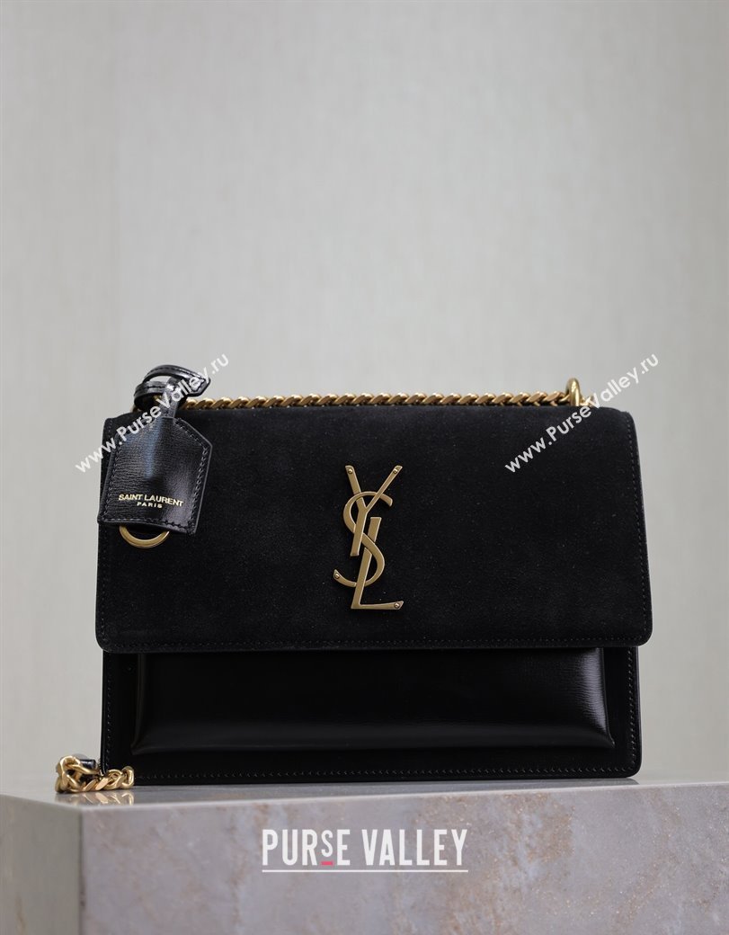 Saint Laurent Sunset Medium Bag in Suede and Leather 442906 Black 2024 (YY-241217125)