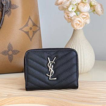 Saint Laurent Cassandre Matelasse Compact Zip Around Wallet in Grained Calfskin 403723 Black/Silver 2024 (YY-241218067)