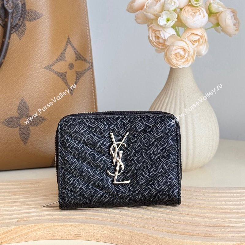 Saint Laurent Cassandre Matelasse Compact Zip Around Wallet in Grained Calfskin 403723 Black/Silver 2024 (YY-241218067)