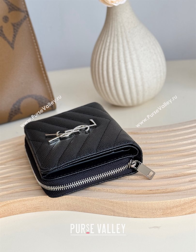 Saint Laurent Cassandre Matelasse Compact Zip Around Wallet in Grained Calfskin 403723 Black/Silver 2024 (YY-241218067)