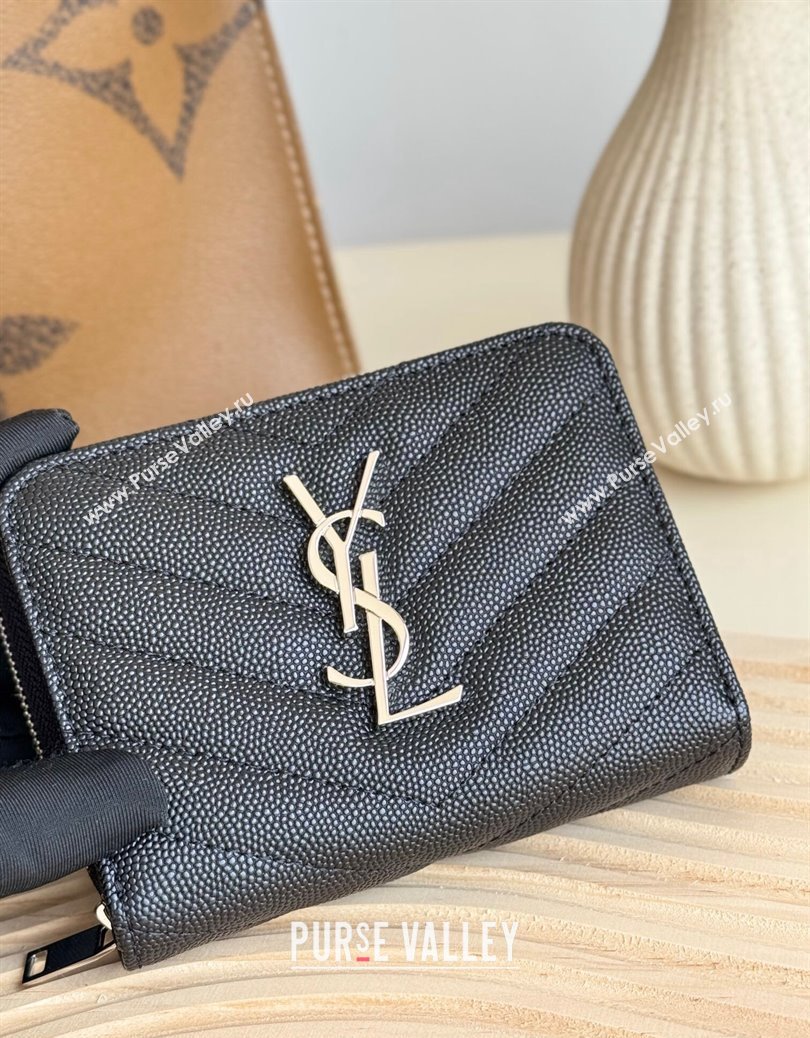 Saint Laurent Cassandre Matelasse Compact Zip Around Wallet in Grained Calfskin 403723 Black/Silver 2024 (YY-241218067)