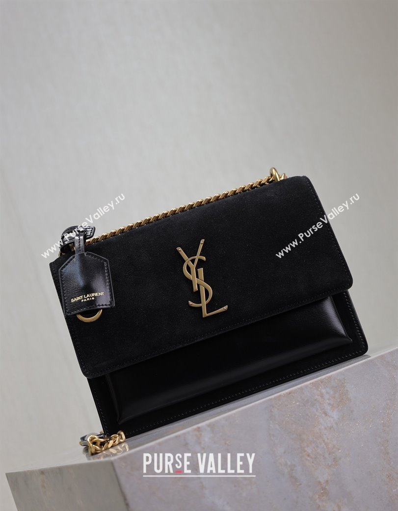 Saint Laurent Sunset Medium Bag in Suede and Leather 442906 Black 2024 (YY-241217125)