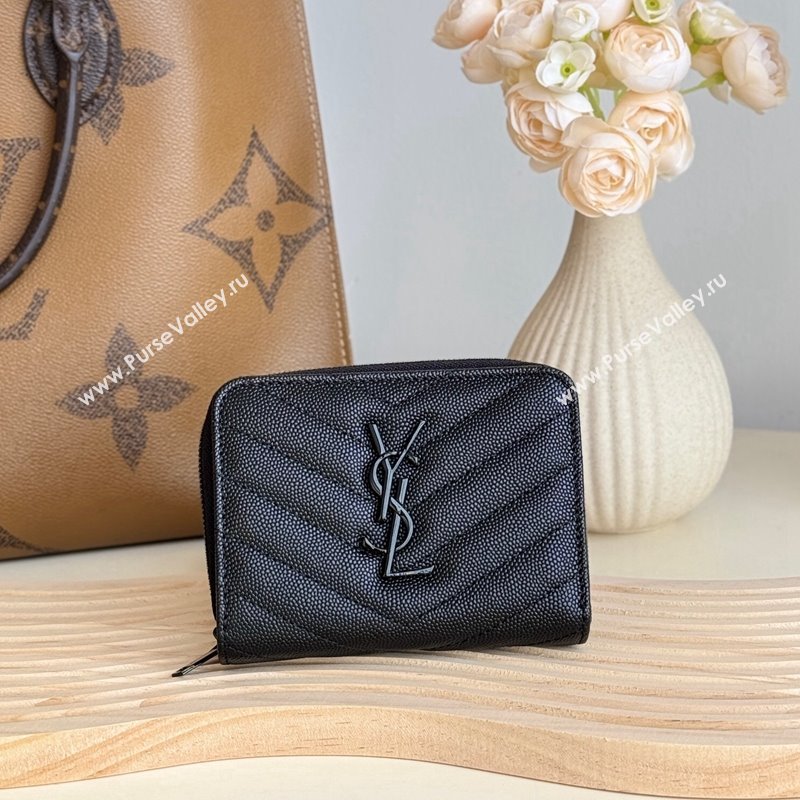 Saint Laurent Cassandre Matelasse Compact Zip Around Wallet in Grained Calfskin 403723 All Black 2024 (YY-241218068)