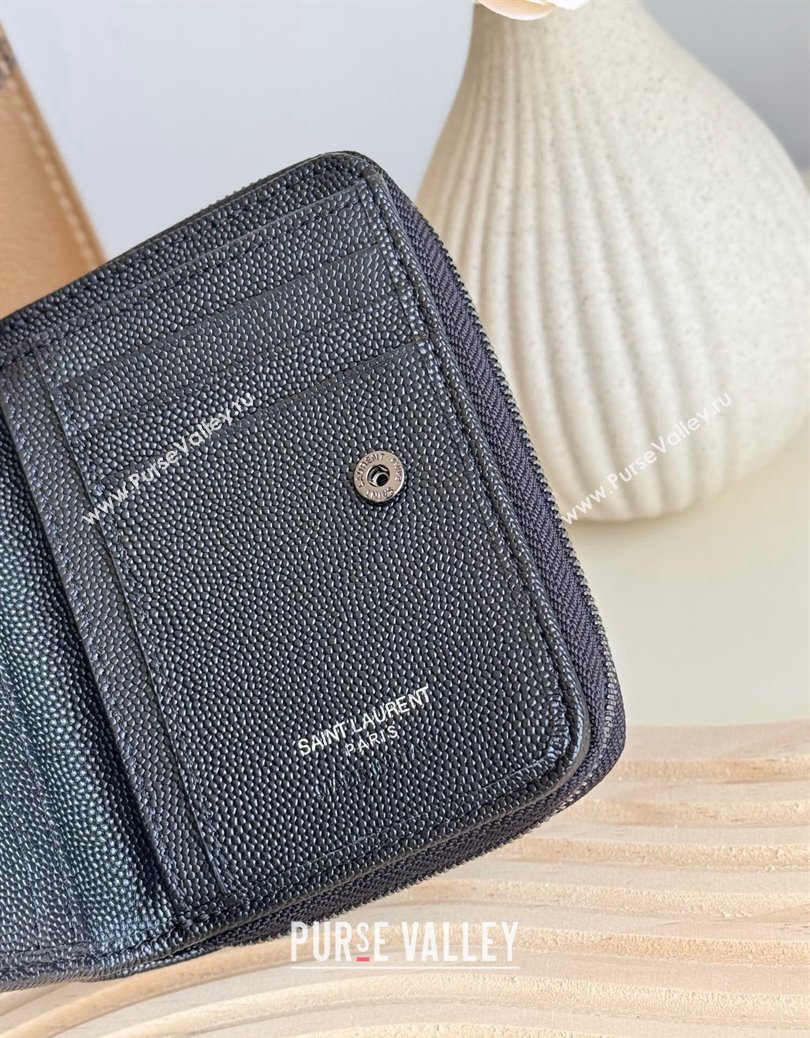 Saint Laurent Cassandre Matelasse Compact Zip Around Wallet in Grained Calfskin 403723 All Black 2024 (YY-241218068)