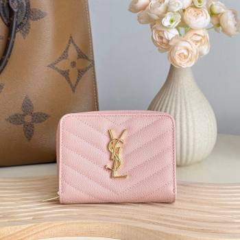 Saint Laurent Cassandre Matelasse Compact Zip Around Wallet in Grained Calfskin 403723 Light Pink 2024 (YY-241218069)