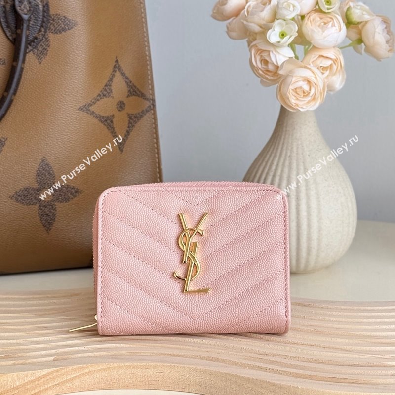 Saint Laurent Cassandre Matelasse Compact Zip Around Wallet in Grained Calfskin 403723 Light Pink 2024 (YY-241218069)