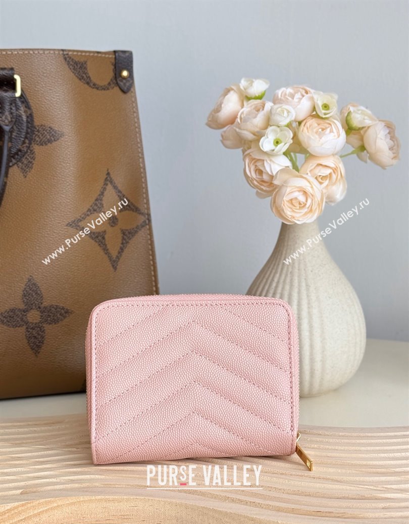 Saint Laurent Cassandre Matelasse Compact Zip Around Wallet in Grained Calfskin 403723 Light Pink 2024 (YY-241218069)