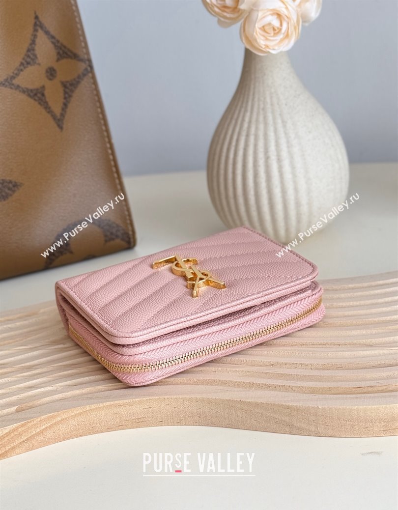 Saint Laurent Cassandre Matelasse Compact Zip Around Wallet in Grained Calfskin 403723 Light Pink 2024 (YY-241218069)