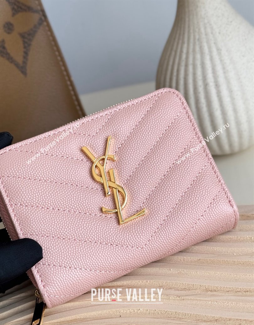 Saint Laurent Cassandre Matelasse Compact Zip Around Wallet in Grained Calfskin 403723 Light Pink 2024 (YY-241218069)