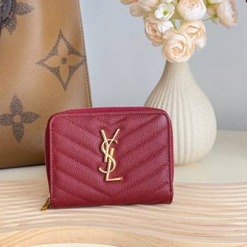 Saint Laurent Cassandre Matelasse Compact Zip Around Wallet in Grained Calfskin 403723 Burgundy 2024 (YY-241218071)