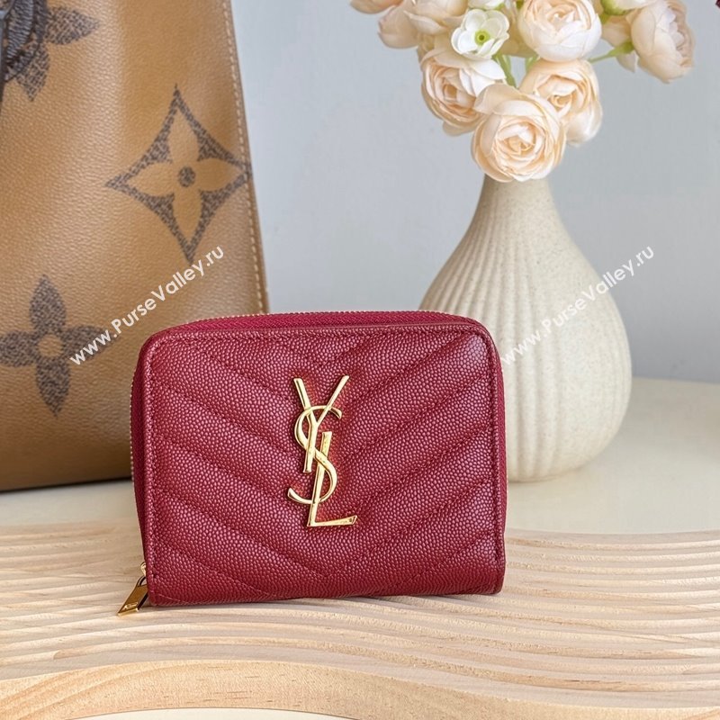 Saint Laurent Cassandre Matelasse Compact Zip Around Wallet in Grained Calfskin 403723 Burgundy 2024 (YY-241218071)