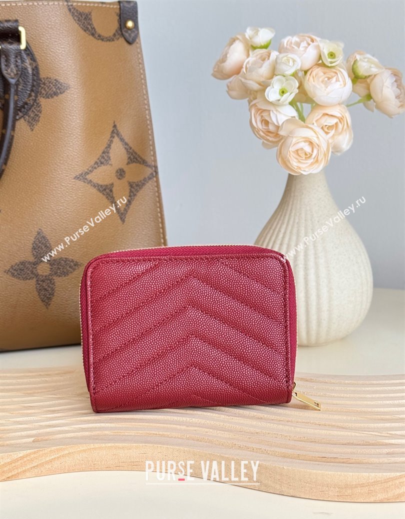 Saint Laurent Cassandre Matelasse Compact Zip Around Wallet in Grained Calfskin 403723 Burgundy 2024 (YY-241218071)