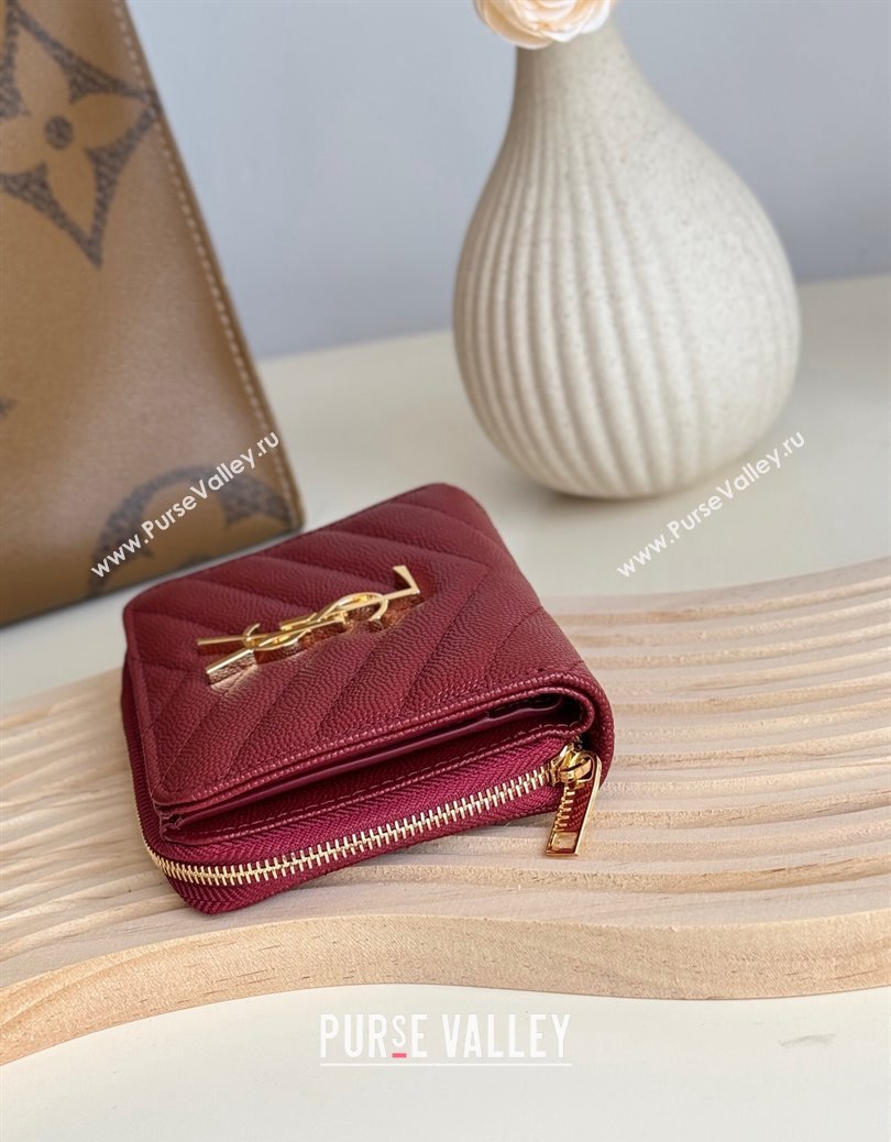 Saint Laurent Cassandre Matelasse Compact Zip Around Wallet in Grained Calfskin 403723 Burgundy 2024 (YY-241218071)