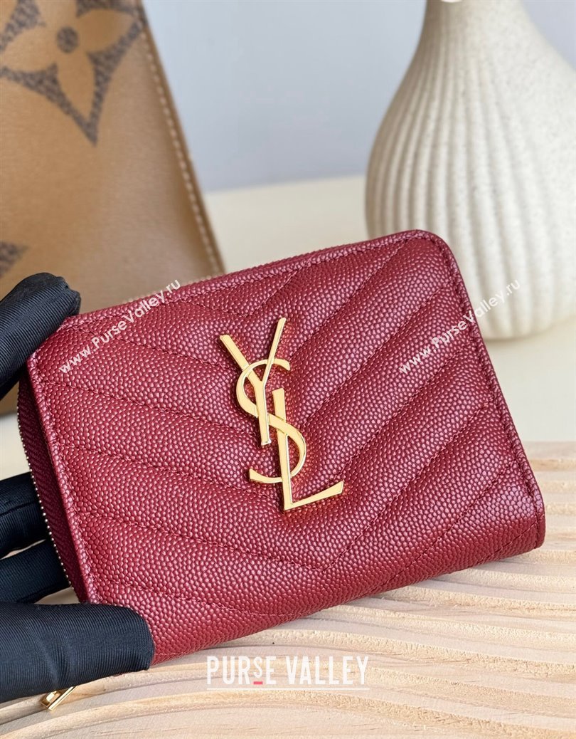 Saint Laurent Cassandre Matelasse Compact Zip Around Wallet in Grained Calfskin 403723 Burgundy 2024 (YY-241218071)