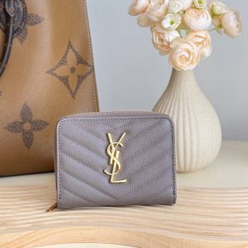 Saint Laurent Cassandre Matelasse Compact Zip Around Wallet in Grained Calfskin 403723 Grey 2024 (YY-241218072)