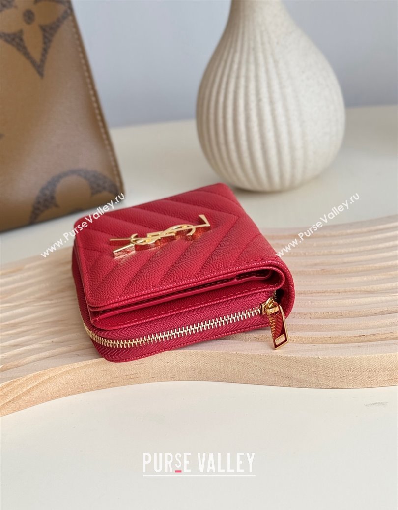 Saint Laurent Cassandre Matelasse Compact Zip Around Wallet in Grained Calfskin 403723 Red 2024 (YY-241218073)