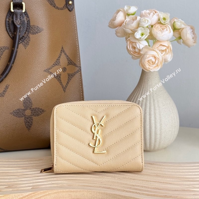 Saint Laurent Cassandre Matelasse Compact Zip Around Wallet in Grained Calfskin 403723 Beige 2024 (YY-241218074)