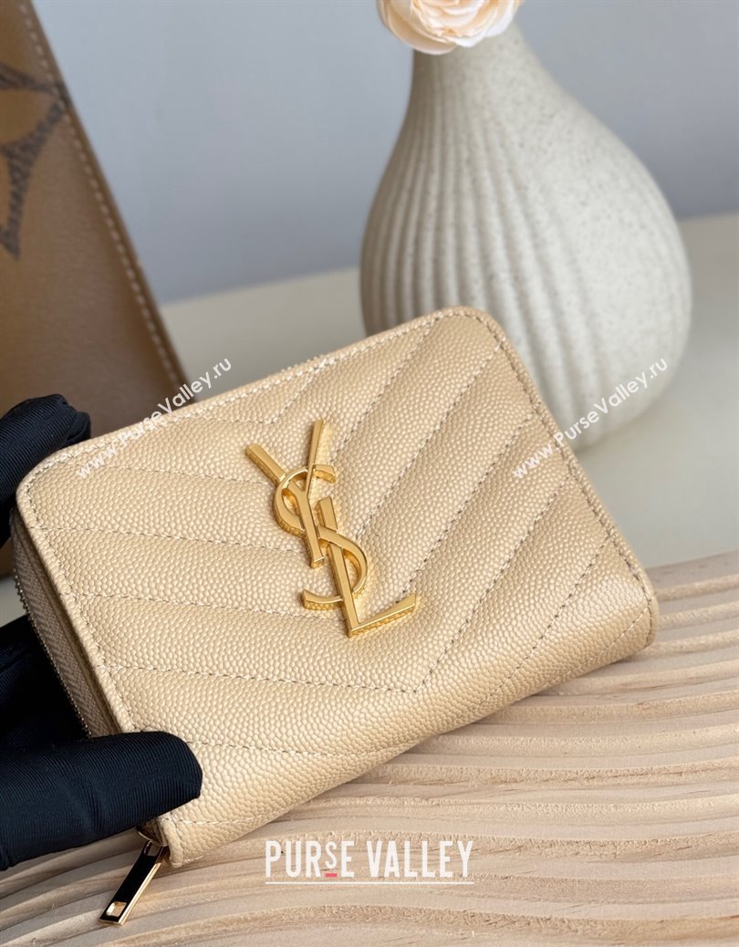 Saint Laurent Cassandre Matelasse Compact Zip Around Wallet in Grained Calfskin 403723 Beige 2024 (YY-241218074)