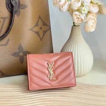 Saint Laurent Cassandre Matelasse Flap Card Case Wallet in Grained Leather 530841 Coral Pink 2024 (YY-241218076)