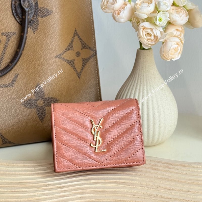 Saint Laurent Cassandre Matelasse Flap Card Case Wallet in Grained Leather 530841 Coral Pink 2024 (YY-241218076)