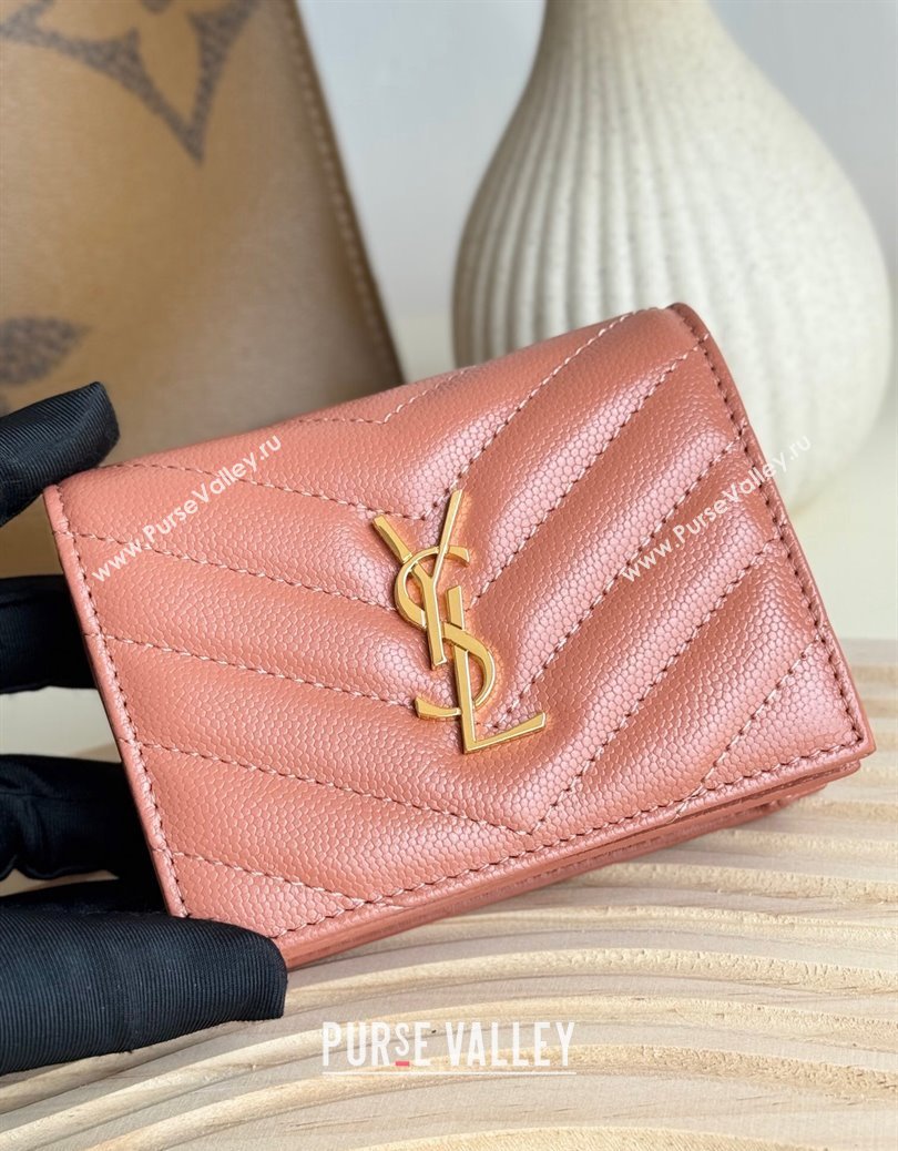 Saint Laurent Cassandre Matelasse Flap Card Case Wallet in Grained Leather 530841 Coral Pink 2024 (YY-241218076)