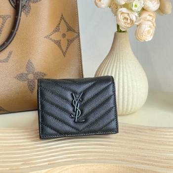 Saint Laurent Cassandre Matelasse Flap Card Case Wallet in Grained Leather 530841 All Black 2024 (YY-241218078)